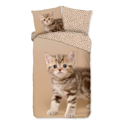 Afbeelding van Good Morning Kinderdekbedovertrek &quot;poes&quot; Zand (140x200/220 cm) Katoen Flanel