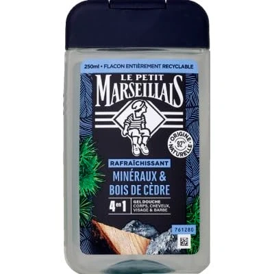 Afbeelding van Le Petit Marseillais Douchegel voor heren, mineralen en cederhout (fles van 250 ml) 4 in 1 formule lichaam, haar, gezicht baard 92% ingrediënten natuurlijke oorsprong pH neutraal