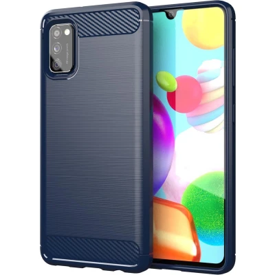 Afbeelding van Cadorabo Hoesje geschikt voor Samsung Galaxy A41 in BRUSHED BLAUW Beschermhoes van flexibel TPU siliconen roestvrij staal carbonvezel look Case Cover