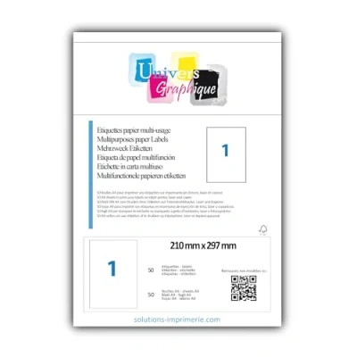 Afbeelding van 50 vellen A4 zelfklevend papier wit etiket 210 x 297 mm permanent plakbord merk universeel grafisch UGEA4 factuur met aftrekbare btw