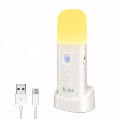 Afbeelding van Draagbaar led nachtlampje oplaadbaar met USB kabel, draadloze wandlamp automatische aan/uit functie voor kast, keuken, trap, slaapkamer, hal, geel