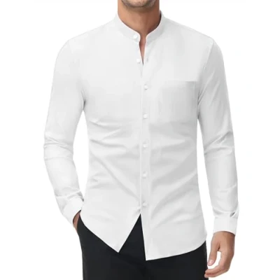 Afbeelding van DEMEANOR Stretch overhemd zonder kraag voor heren, lange mouwen, slim fit, kreukvrij, opstaande kraag, Bruine koffie