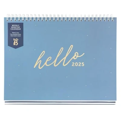 Afbeelding van Busy B Wekelijkse bureaukalender 2025 januari tot december blauw met geïntegreerde standaard en inklapbare binding, 5 werktijden voor kantoor of thuis, planner vakken