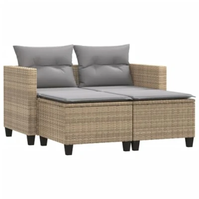 Afbeelding van Tuinbank 2 zits met voetenbanken poly rattan beige
