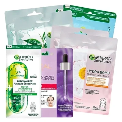 Afbeelding van Garnier SkinActive Hydra Bomb en Niacinamide Gezichtsmaskerset, reinigend, hydraterend, Moribide leer, 7 behandelingen