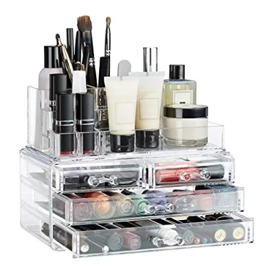 Afbeelding van Relaxdays make up organizer tweedelig cosmetica opbergdoos lippenstift houder doorzichtig