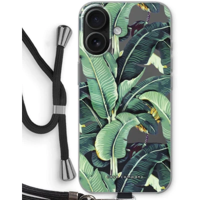 Afbeelding van Case Company® hoesje met Koord geschikt voor iPhone 16 Bananenbladeren Telefoonhoesje Zwart Bescherming aan alle Kanten en Over de Schermrand