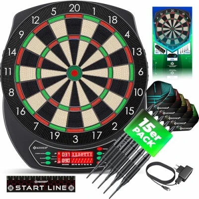 Afbeelding van KESSER® Dartboard Electronic Profi Set E Dartbord met 15 darts + 35 Pro Flights 100 pijlpunten accessoires voor 1 tot 8 spelers Innovatieve elektronische dartmachine 65 varianten Klassiek LCD
