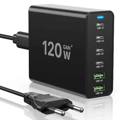Afbeelding van GaN USB C oplader, 120 W, meerdere PD laadstation met 6 poorten, compatibel iPhone/Google/Xiaomi/laptop/tablet en andere apparaten