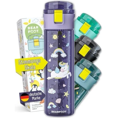 Afbeelding van BEARFOOT Drinkfles voor kinderen, lekvrij, 500 ml, lichte Tritan waterfles, BPA vrij, geschikt koolzuurhoudende dranken, vaatwasmachinebestendig, jongens, meisjes, peuters, eenhoorn