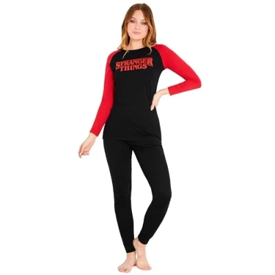 Afbeelding van Stranger Things Damespyjama, pyjamaset voor dames, winter, katoen, loungewear, nachtkleding, meisjes, jongeren, S XL, Zwart/Rood