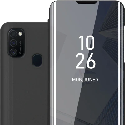 Afbeelding van Cadorabo Hoesje geschikt voor Samsung Galaxy M21 / M30s in TOERMALIJN ZWART Clear View Spiegel Beschermende Case met Tribunefunctie 360 Graden Bescherming Book Cover Etui