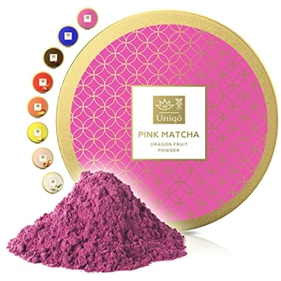 Image de Tea Uniqo poudre de thé rose matcha Idéal pour glaces, lattes, shakes, la cuisson ou Fruit du dragon en Pitaya 100% naturel, sans additifs dans une boîte refermable
