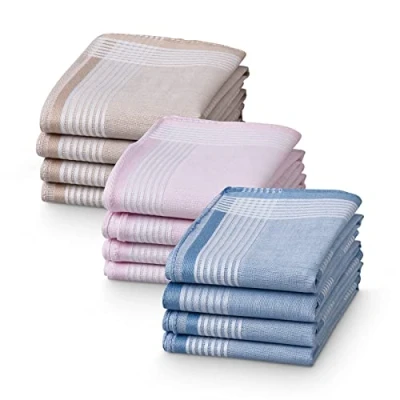 Afbeelding van JEMIDI dames en herenzakdoeken 100% katoen 28,5 x cm Combinatie van crème, blauw of roze met wit Set 12 Herbruikbare zakdoeken
