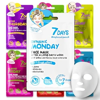 Afbeelding van 7DAYS Schoonheidsstof gezichtsmaskers, 7 delige blad maskerset, dagelijkse huidverzorging voor dames, meisjes, kinderen, hydraterend masker, anti rimpel, collageen en hyaluronzuur, x 33 g