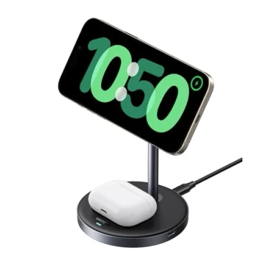 Afbeelding van UGREEN MagFlow Qi2 inductie oplader, 15 W, 2 in 1, compatibel met MagSafe iPhone 16 Plus Pro Max 14 13 12 Mini AirPods 4 3 stand, draadloze magnetisch, snel, standby modus, USB