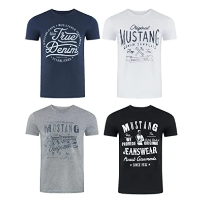 Afbeelding van Mustang Set van 4 T shirts voor heren met print op de voorkant en ronde hals, kleurenmix blauw zwart