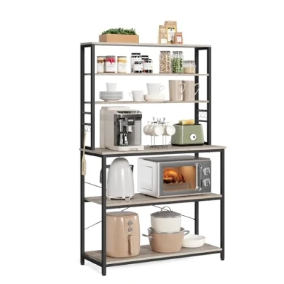 Afbeelding van VASAGLE KKS039K02 Keukenrek, rek voor koffiezetapparaat, 6 planken en haken, magnetron, stalen frame, industriële stijl, 40 x 100 167 cm, beige grijs zwart