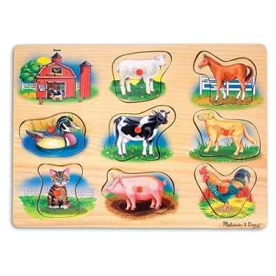 Afbeelding van Melissa &amp; Doug Farm Animals Geluidspuzzel Houten Peg puzzel met geluidseffecten (8 stuks)