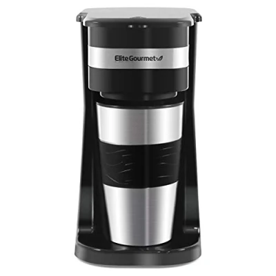 Afbeelding van Elite Gourmet EHC111A# Compact uniek filterkoffiezetapparaat met geïsoleerde reisbeker van roestvrij staal voor gemalen koffie, herbruikbaar filter, 398 ml, zwart