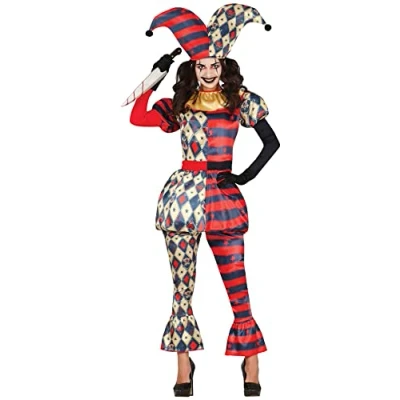 Afbeelding van Guirca Harlequin Kostuum Diamanten Hailey Queen Vrouw Blauw, Rood, Wit / Beige Maat 42 44 Halloween Verkleedkleding