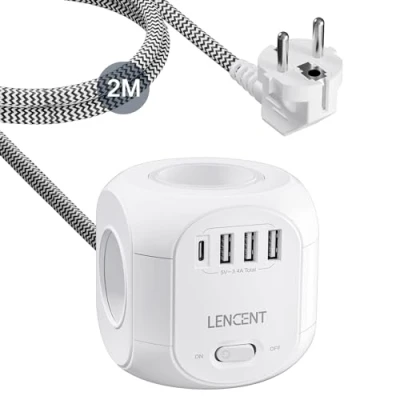 Afbeelding van LENCENT 2 m lange stekkerdoos, kubus met 4 AC stopcontacten, 3 USB en 1 type C, overspanningsbeveiliging voor verlengkabel schakelaar thuis, keuken kantoor, gevlochten kabel
