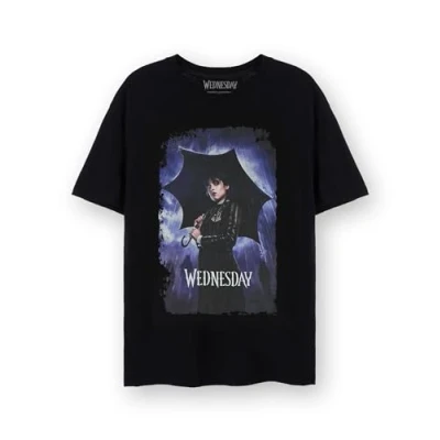 Afbeelding van Wednesday Dames T shirt Addams Umbrella Distressed Graphic Tee in zwart Netflix Series Merchandise Volwassenen Top met korte mouwen Van Family,