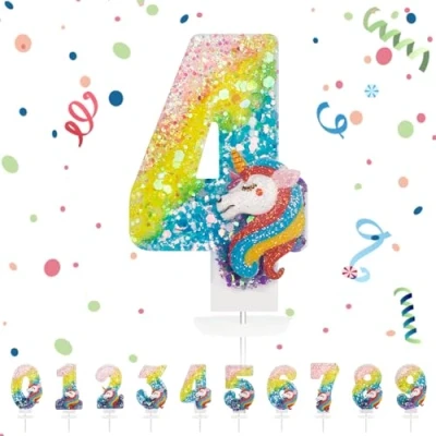 Afbeelding van Partyhausy Verjaardagskaarsen, cijfer 4, 3D, regenboog, eenhoorn, taartdecoratie, voor meisjes en jongens