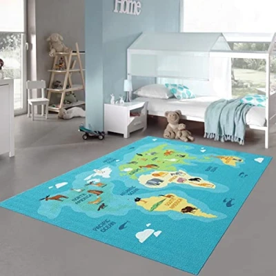 Afbeelding van Teppich Traum Tapijt kinderkamer Wereldkaart educatief spel continenten dieren en zeeën blauw/groen 140 x 200 cm