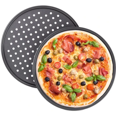 Afbeelding van Relaxdays pizzaplaat 2 stuks pizza bakplaat rond antiaanbaklaag geperforeerd grijs