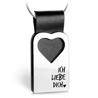 Afbeelding van FABACH Sleutelhanger in hartvorm met leren gravure cadeauhanger voor je lievelingsmens Ich liebe dich!, zwart., 1