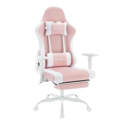 Afbeelding van WOLTU GS09szg Gamingstoel met massagetherapeut, ergonomische bureaustoel, bureaustoel hoofdsteun en lendensteun, verstelbare gamestoel, 150 kg, netstof, roze + wit