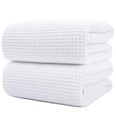 Afbeelding van Polyte Microvezel badhanddoek pluisvrij en sneldrogend wafelstructuur extra groot wit 89 x 178 cm set van 2