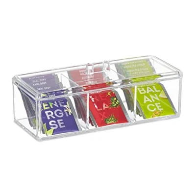 Afbeelding van Relaxdays theedoos transparant 3 vakjes kleine kunststof theebox keuken organizer