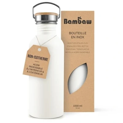 Afbeelding van Bambaw® Waterfles 1 Liter Enkelwandige drinkfles RVS Niet Geïsoleerd Lekvrij, en Plasticvrij met Bamboe Dop Waterflessen Volwassenen Perfect voor Reizen, Werk, Yoga, Wandelen Dagelijks Gebruik Water Fles wit