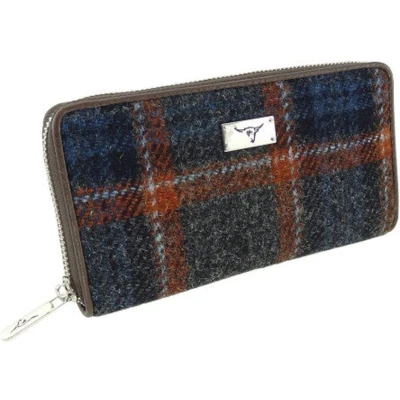Afbeelding van Dames Portemonnee Staffa Grijs met Roest Bruin Rood Harris Tweed muntvak rits Glen Appin o