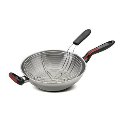 Afbeelding van Lagostina Rode lijn Wok roestvrij staal 18/10 met mand voor frituren en stomen, Ø 28 cm, inductiekookplaat, gas oven tot 175 C, antislip siliconen handgrepen