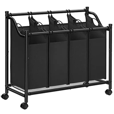 Afbeelding van SONGMICS LSF005 Wasmand, wasverzamelaar, wassorteerder met 4 afneembare stoffen zakken, wielen, opslag voor speelgoed, x 35 liter, zwart