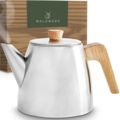 Afbeelding van WALDWERK theepot met filter van roestvrij staal 304 thermisch dubbelwandig theekan handgrepen echt eikenhout 100% druppelvrij