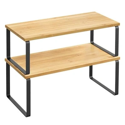 Afbeelding van SONGMICS KCS200B01 Set van 2 stapelbare kruidenrekken metaal en houtmateriaal zwart beige natuur
