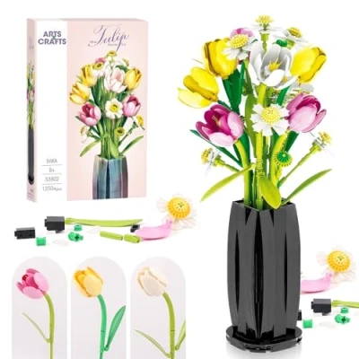 Afbeelding van Euakee Kit de construction fleurs, avec vase, bouquet idée cadeau pour la Saint Valentin, les anniversaires, fête des mères (tulipe)