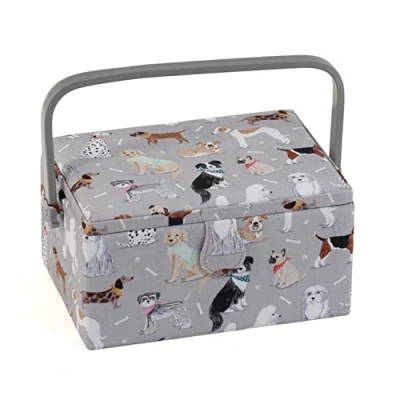 Afbeelding van Hobby Gift Exclusieve middelgrote naaidoos, opbergdoos voor knutselen, accessoirebak, pinnenbol, pvc handvat, 18,5 x 25,5 14,5 cm, grijze honden