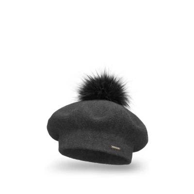 Afbeelding van VIVISENCE Baskenmuts voor dames met elegante pompon wintermuts warm comfortabel winter herfst dikke gebreide muts klassieke dames, gemaakt in de EU, Donkergrijs
