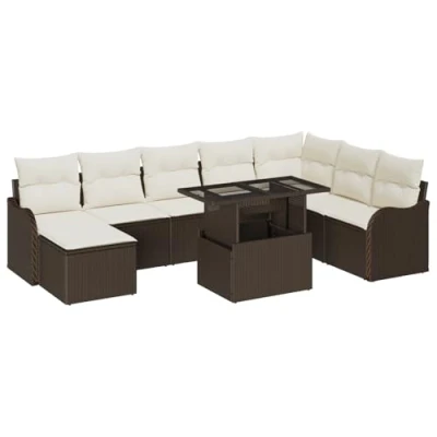 Afbeelding van vidaXL 9 delig tuinbankstel met kussens bruin poly rattan, 2 zits tuinbank opslag en rattan