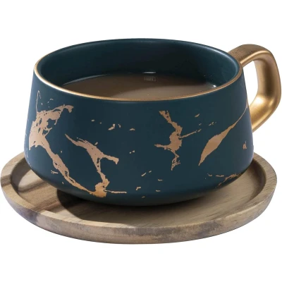 Afbeelding van Cappuccinokopjes met schotel, porseleinen espressokopjes voor thee, koffie, cappuccino, koffiekopjes houten schijf groen, 300 ml
