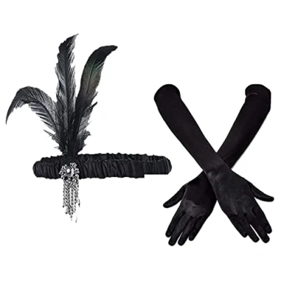 Afbeelding van VIKSAUN Set van 2 hoofdbanden in jaren 20 stijl retrostijl uit de met lange zwarte handschoenen voor verkleedpartij, eindejaarsbal, bruiloft, carnaval, feest