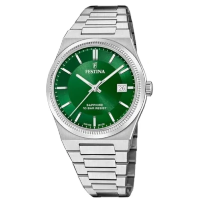 Afbeelding van Festina stalen horloge groene wijzerplaat geïntegreerde band, De stijl van het kan worden omschreven als &quot;elegant en klassiek&quot; zilveren kast, ronde vorm, leren