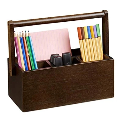 Afbeelding van Relaxdays Pennenhouder, tafelorganizer van bamboe, met handvat, bureau organizer, 4 pennenvakken, donkerbruin, H x B D: ca. 20 25 11,5 cm, donkerbruin