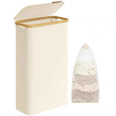 Afbeelding van SONGMICS wasmand met deksel, 65 l, ruimtebesparend, afneembare waszak, Oxford stof, handgrepen van bamboe, opvouwbaar, 42 x 22,5 70,5 cm, crèmewit LCB506W01