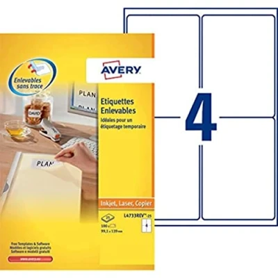 Afbeelding van AVERY 100 witte verwijderbare etiketten Formaat 99,1 x 139 mm Laser en Inkjetprinten